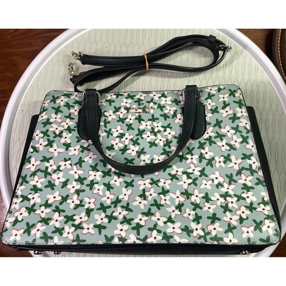 Kate Spade Reese Laurel Way Satchel Saffiano Floral Aphrodite Green Purse 8x11x4 - Picture 1 of 15